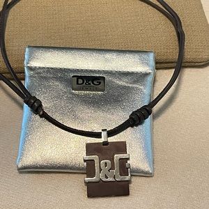 Dolce & Gabbana Stainless Steel Logo Pendant on Leather Necklace